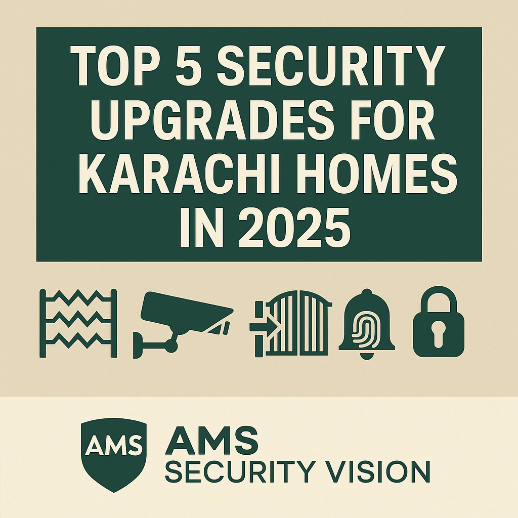 Infographic showing top 5 home security upgrades for Karachi in 2025 including electric fencing, CCTV, smart locks, and gate automation by AMS Security Vision