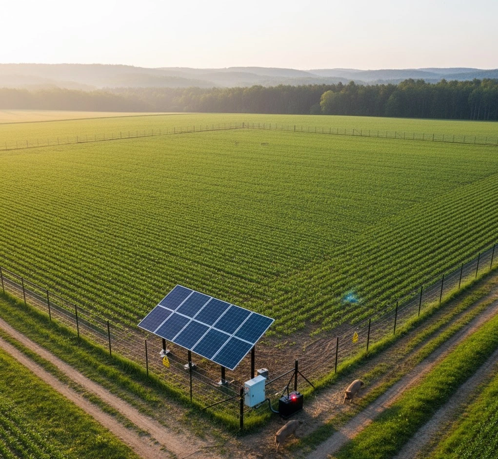 Agricultural electric fence installed on farm land for livestock protection