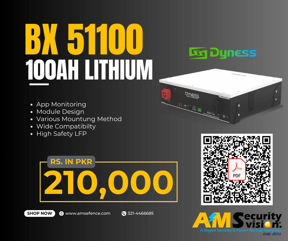 Dyness BX51100 lithium battery showing key features with QR code for datasheet download