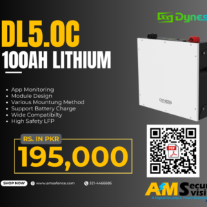 Dyness DL5.0C lithium battery showing key features with QR code for datasheet download