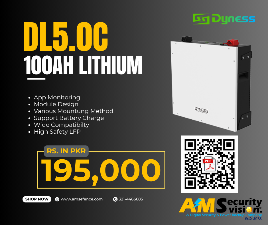 Dyness DL5.0C lithium battery showing key features with QR code for datasheet download