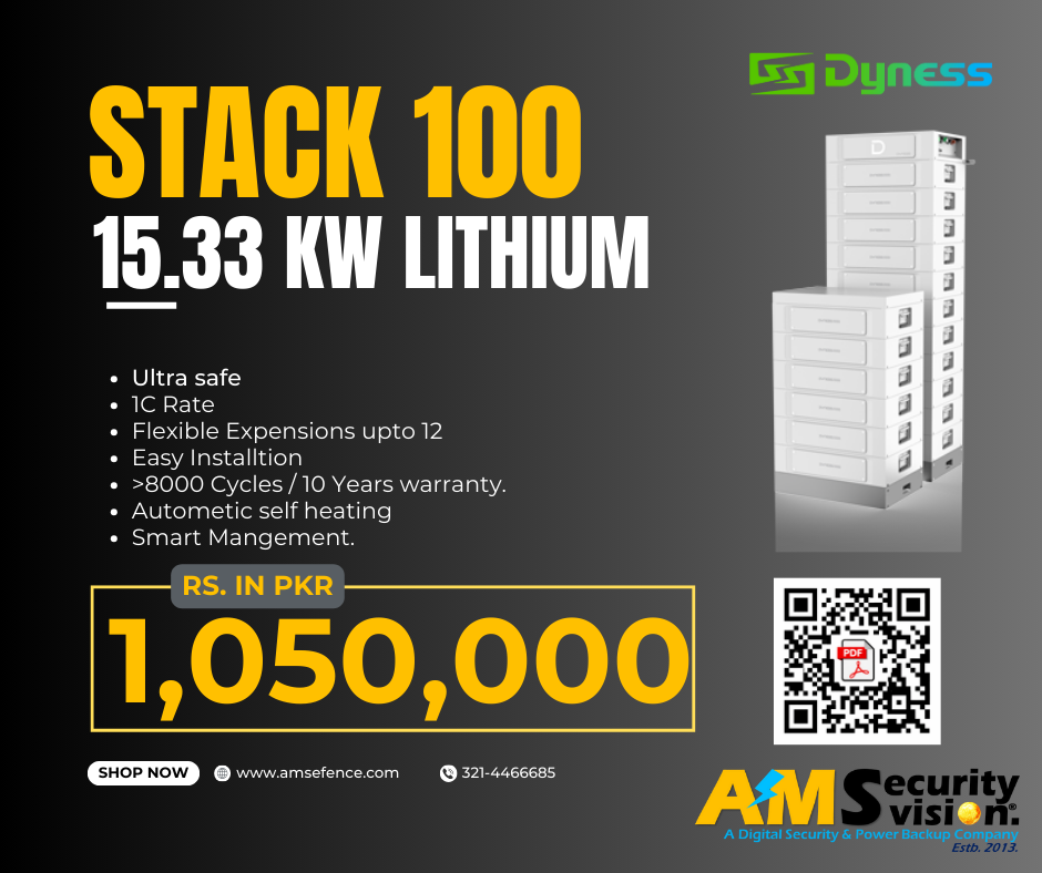 Dyness Stack100 high-voltage lithium battery showing key features with QR code for datasheet download