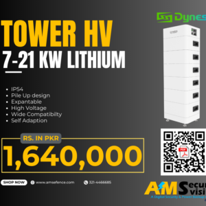 Dyness Tower high-voltage lithium battery showing key features with QR code for datasheet download