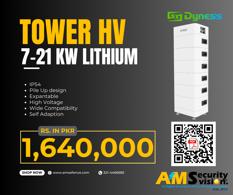 Dyness Tower high-voltage lithium battery showing key features with QR code for datasheet download