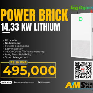 Dyness PowerBrick lithium battery with key features and QR code for datasheet download