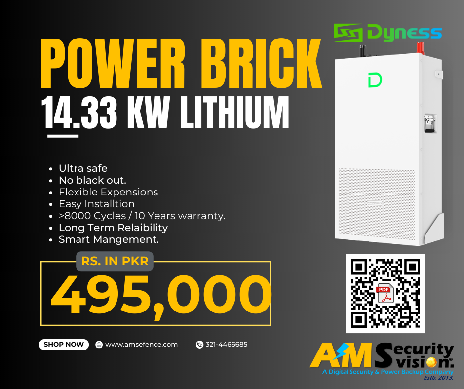 Dyness PowerBrick lithium battery with key features and QR code for datasheet download