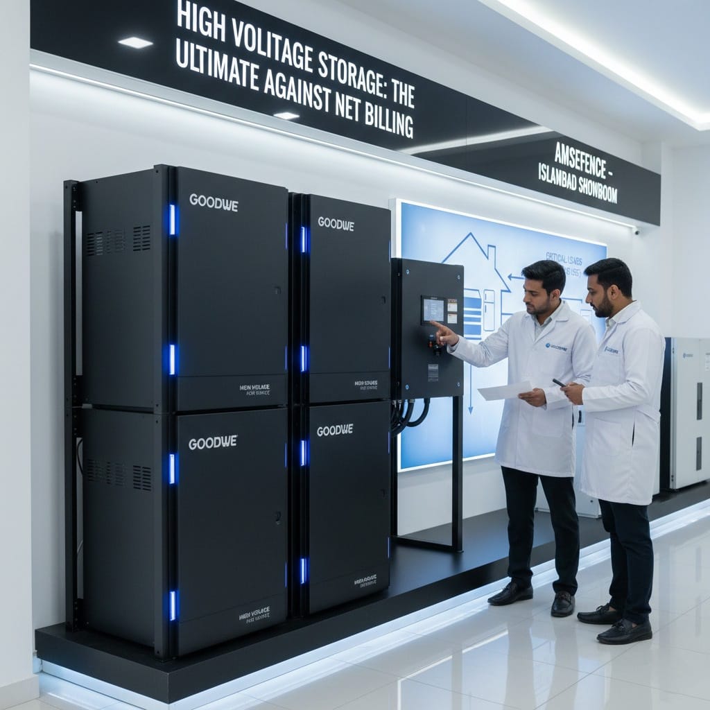 Amsefence technical team inspecting high-voltage Goodwe lithium battery rack system in Islamabad showroom.