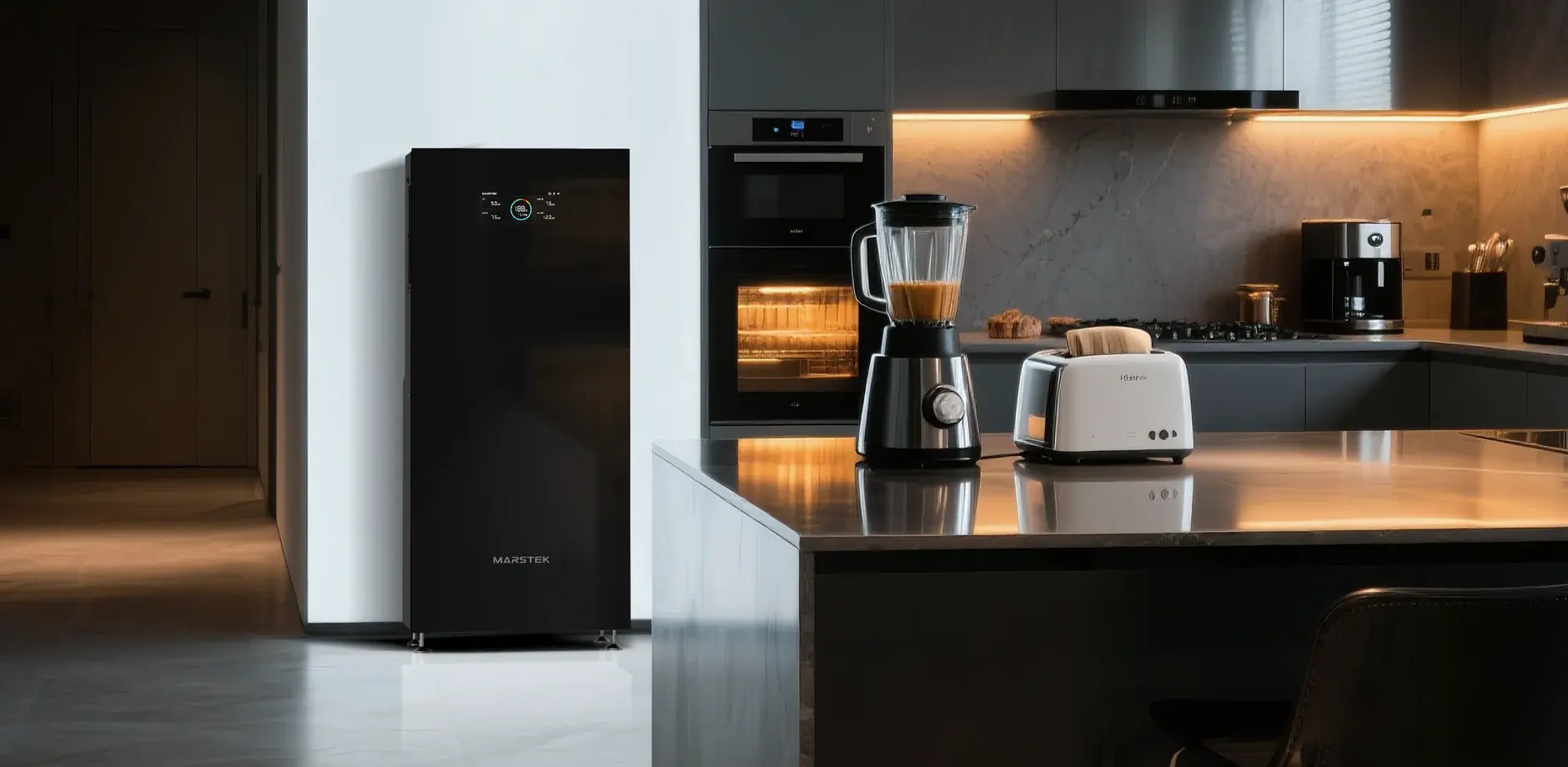 Marstek V6000 battery inverter installed in a Pakistan drawing room beside TV console — AMS Security Vision