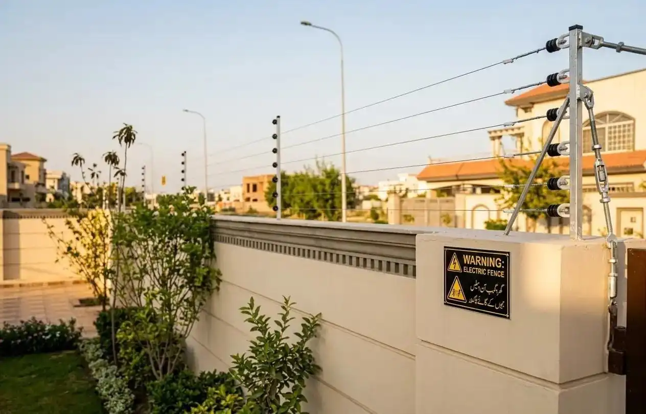 6-strand electric fence installed on a DHA Phase 7 Y Block boundary wall by AMS Security Vision