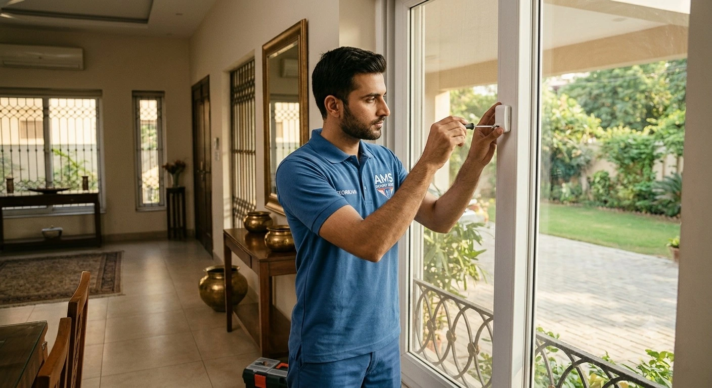 AMS Security Vision technician installing wireless alarm sensor in Pakistan