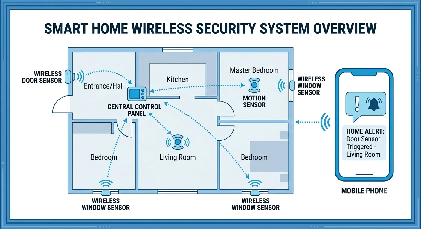 How a wireless alarm system works — door sensor, motion sensor, and mobile alert diagram