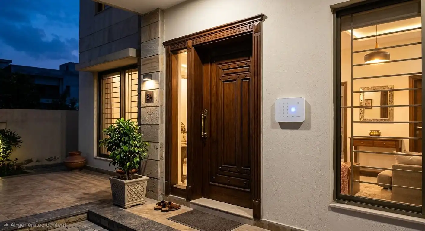 Wireless alarm system control panel installed in a home entryway in Pakistan